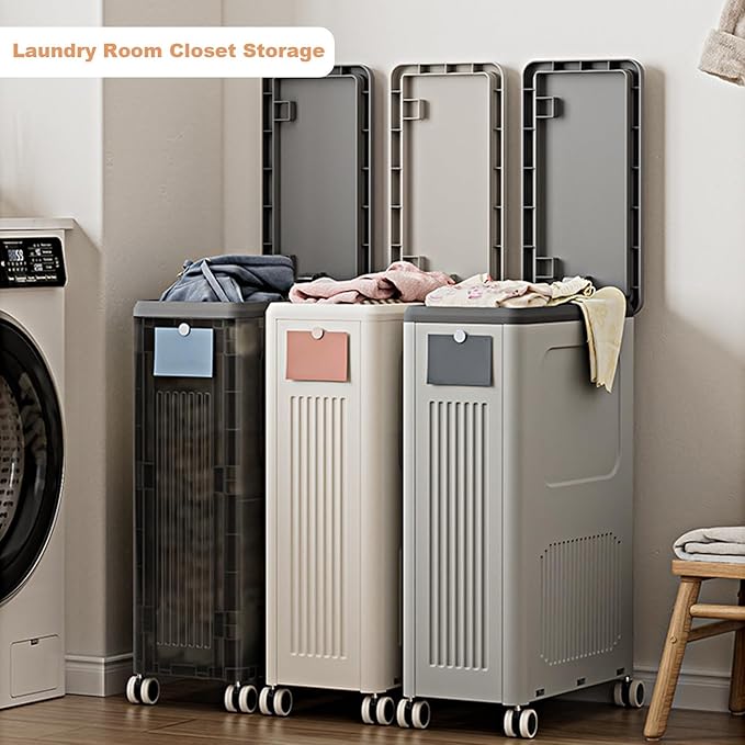 Rolling Laundry Hamper with Lid, Large Capacity Clothes Hampers for Laundry, Plastic Collapsible Laundry Baskets with Wheels and Lid Large Toy Box Chest