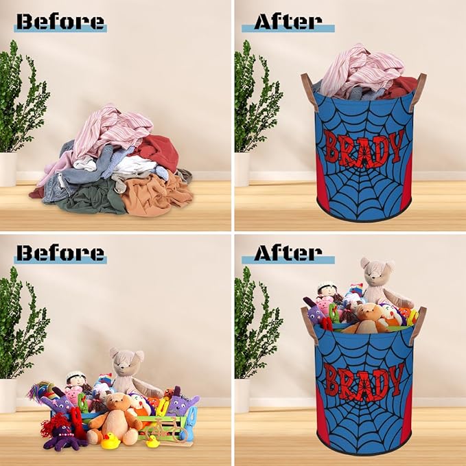 Spider Wed Personalized-Laundry-Hamper-Basket for Kids Custom Name Collapsible Storage Organizer Bin Dirty Clothes Toys Hamper for Boys Nursery in Laundry, Bedroom, Bathroom Wed-4