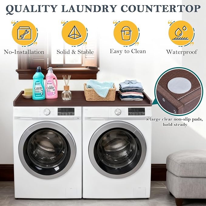 HDPE Washer Dryer Countertop, 54" x 27" Laundry Countertop with 2 Hooks & Non-Slip Pads, Washer and Dryer Topper for Laundry Room Organization, No-Installation(Brown)