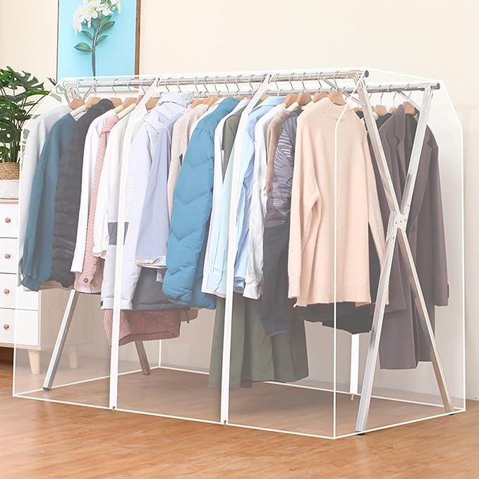 Clothes Rack Cover with Zipper, Dustproof Clothes Cover with 2 Durable Zipper Clothing Waterproof Protector, Designed for X-Type Coat Racks(Clear,200x130x95cm/79x51x37in)
