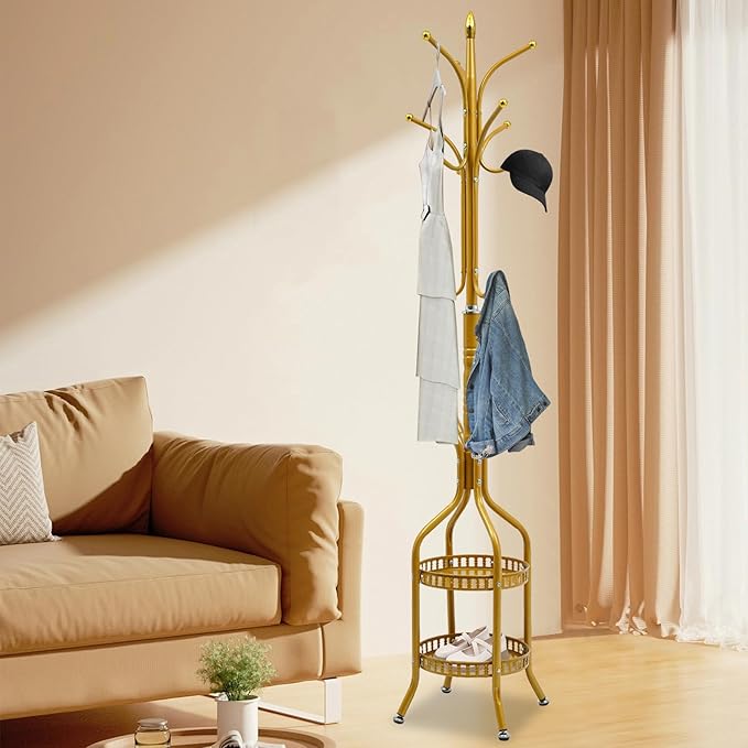 Metal Coat Rack Stand Freestanding Hat Hall Tree Clothes Rack Holder Modern Clothing Garment Hanger Stand with Double Layer Storage Basket and Hooks for Hanging Scarf Bag for Entryway Bedroom (Gold)