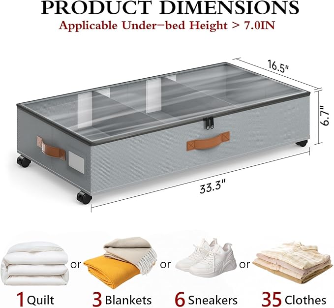 Yecaye Under Bed Storage with Wheels, 2 Pack Under Bed Storage Containers with Adjustable Dividers & Clear Window, Rolling Underbed Organizer Bins Drawers for Clothes, Shoes, Blankets, Grey