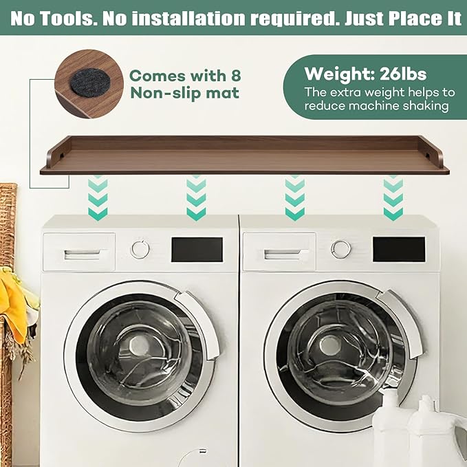 Washer Dryer Countertop 54 x 27.5 MDF Laundry Countertop Topper with Raised Edge, No Install Waterproof Non Slip Washer Dryer Top, Fits Front Load Machines, 200 lb Capacity, Walnut
