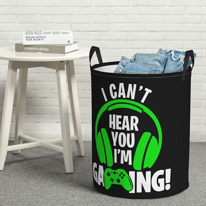 Headphones And Gamepad Round Laundry Hamper Storage Basket Toys Clothes Organizer Bin For Home Bathroom Bedroom Dorm Nursery, 38L