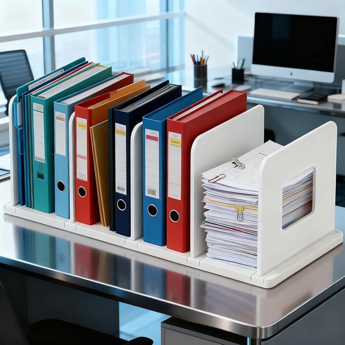 Adjustable Book Shelf Organizer 4 Section Vertical Plastic File Holder Book & Magazine Rack Folder Sorter Book Organizer for Office Home Closet & Handbag Storage (White)