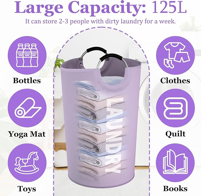 Super Large Laundry Basket with Handles, 125L Foldable Dirty Clothes Hamper for Adult, Stand-alone Laundry Hamper in 600D Oxford Fabric, Purple Storage Basket for Family, Guest House,Purple