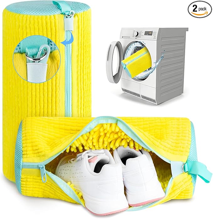 Shoe Washing Machine Bag, 2 PC Reusable XXL Shoes Laundry Bag for Washer & Dryer with Concealed Heavy-Duty Zipper to Protects Shoes & Machine, Cleaning Bag for Sneakers & Tennis Shoe(Yellow)