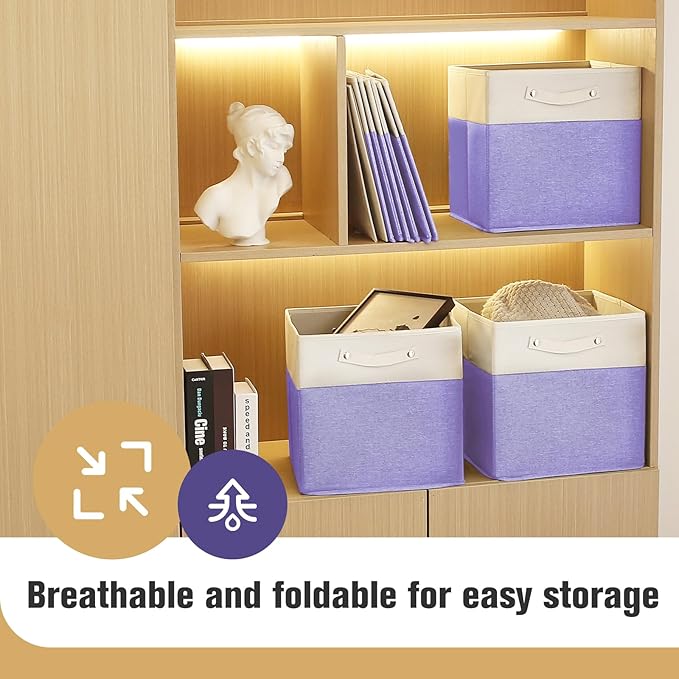 13 x 13 Inch Fine Linen Storage Bins with Handles，Fabric Cube Boxs，Basket Organizers for Shelves for Home, Closet Drawers (White/Purple-6 Pack)