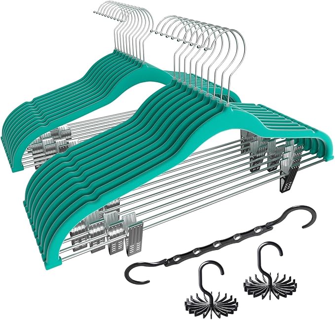 VECELO 20 Pack Velvet Clothes Hangers with Adjustable Clips,Heavy-Duty Non Slip & Space-Saving with 1 Magic Hangers & 2 Tie Rack for Suit Coat Pants Skirt Dresses