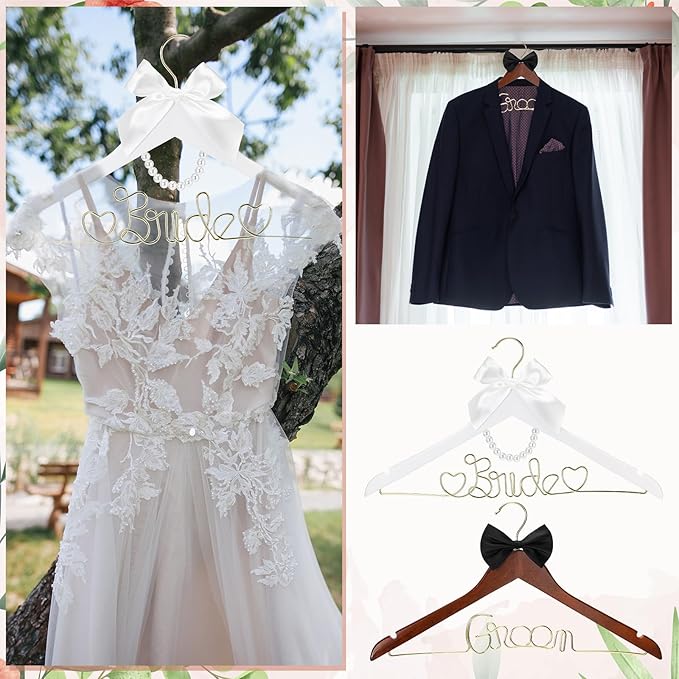 2 Pcs Bride Hanger for Wedding Dress Bride and Groom Wooden Wedding Dress Hanger Set with Bow Tie for Tuxedo Suit Gift Bridal Party Shower