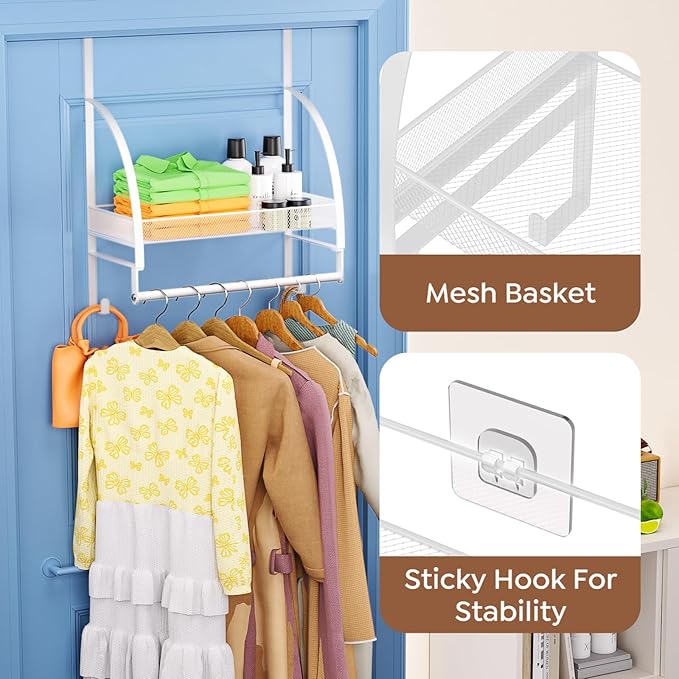 Over The Door Clothes Hanger Drying Rack, Over Door Drying Rack with Storage Basket and Hooks for Hanging Towels, Coats & Clothes, Door Hanger Organizer for Bathroom Laundry Dorms Washroom (White)