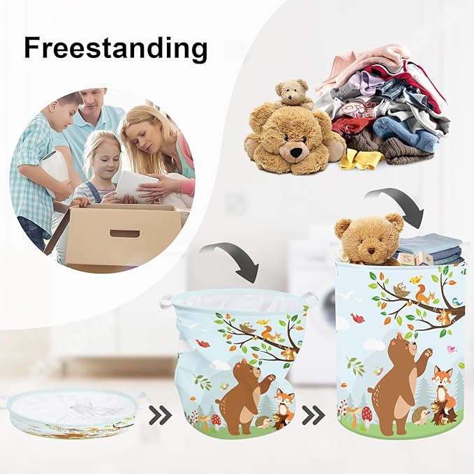 Forest Animals Laundry Hamper Woodland Tree Large Storage Basket Parents Organizer Kids Clothes Toy Bins for Bedroom, Bathroom, Hedgehog, 63L