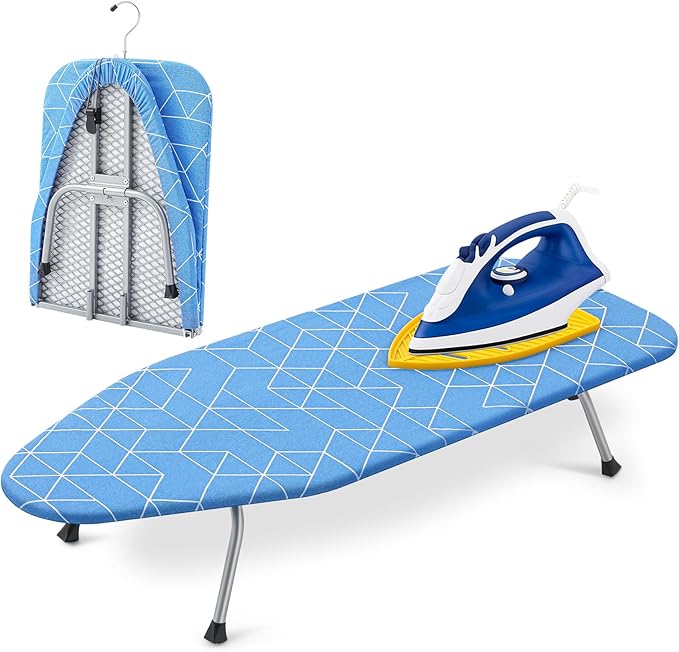 Chunful Portable Tabletop Ironing Board, Foldable Small Compact Ironing Board with Mat & Hook for Hanging Travel Mini Iron Non Slip Feet Table Storage for Dorm Space, 32 x 12 in(Classic,Blue)