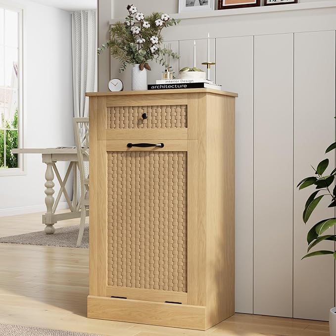Tilt Out Laundry Hamper Cabinet, Rattan-Style Laundry Room Organization with Removable Laundry Basket, Hidden Wood Dirty Clothes Hamper with Drawer, 21.6" L x 13" W x 35.8" H, Wood