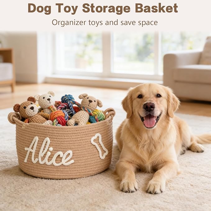 Personalized Dog Cat Toy Basket with Embroidery Name, Customized Puppy & Kitten Toy Storage Bins, Cute Handmade Cotton Rope Organizer for Snacks, Pet Supplies, Easter Birthday Gifts Basket for Pets