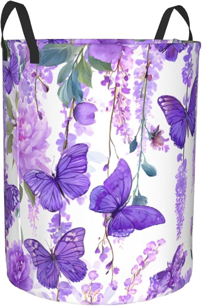 Purple Butterfly Pattern Laundry Hamper, Collapsible Organizer Basket for Bathroom,Laundry,Bedroom 19.6 x15.7 Inch