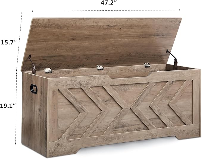 47.2” Storage Bench,Extra Large Wooden Storage Chest with 2 Safety Hinges,entryway Bench,Blanket Storage,Shoe Storage Bench for Entryway,Bedroom,Living Room,Easy Assembly.-Greige