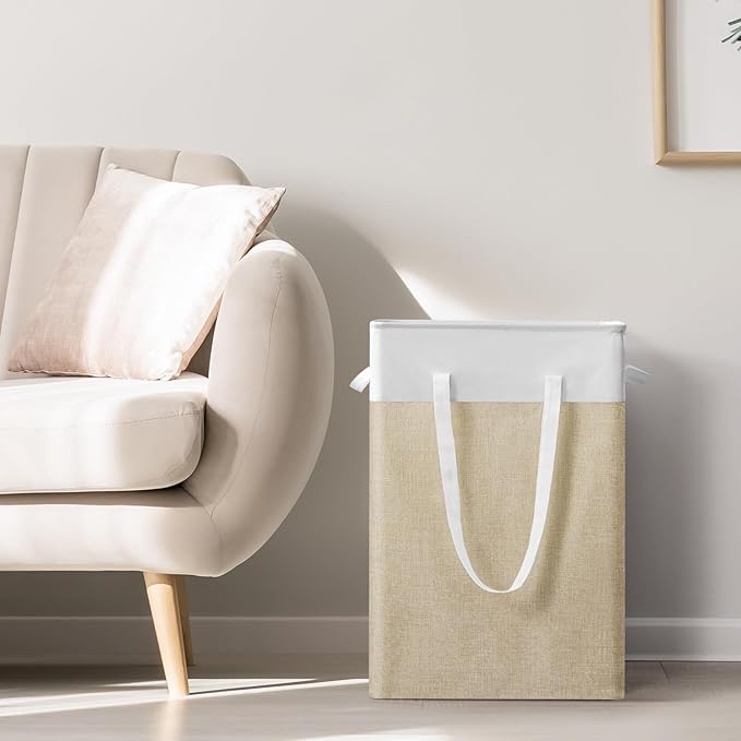 Stero Fabric Laundry Hamper, 75L Large Laundry Basket with Handles, Collapsible Dirty Clothes Hamper for Laundry Dorm, Bedroom, Bathroom, White&Beige