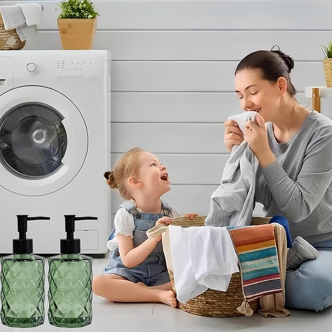 Green Soap Dispenser, 12oz Black Pump Green Glass Soap Dispenser, Refillable Hand Liquid Dispenser Set, Lotion Dish Dispenser for Modern Home Decor, Bathroom, Kitchen Countertop(2 Pack)