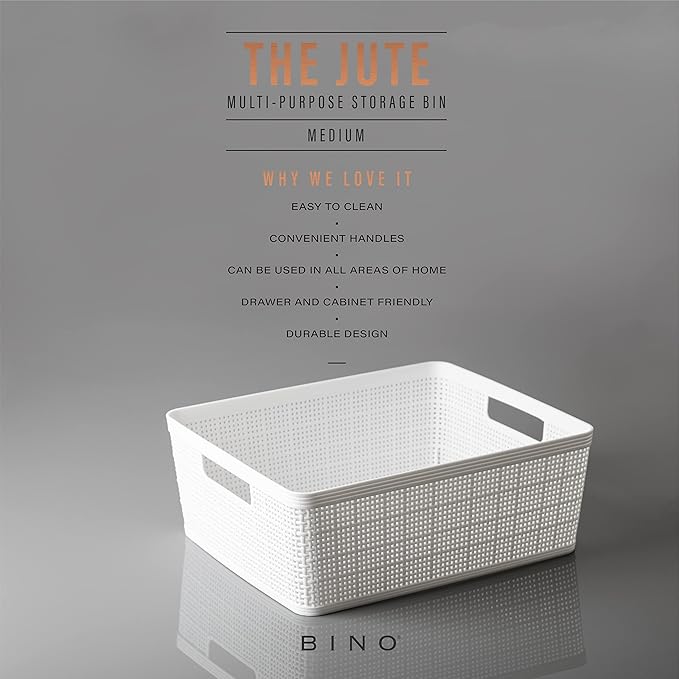 BINO | Woven Plastic Basket | Medium (White), 4-Pack | THE JUTE COLLECTION | Home Organization, Space - Saving Storage, Stylish Design | Jute Basket | Plastic Storage Basket