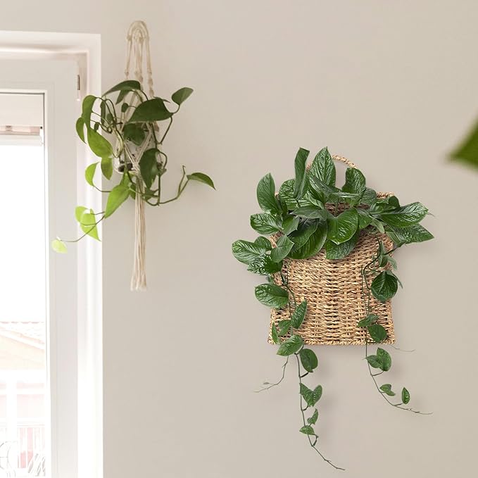 Woven Hanging Seagrass Baskets, Hanging Wall Wicker Basket, Handmade Organizer Baskets, Hanging Flower Basket for Shelves, Walls, Doors, Balconies, Front of House, Garden,...(Seagrass)