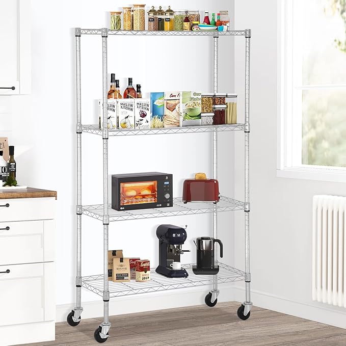 YRLLENSDAN Storage Shelves with Wheels, Heavy Duty 4 Tier Garage Storage Rack, Adjustable Wire Shelving Unit, Metal Shelf Organizer for Pantry, Kitchen, Basement, 36" W x 14" D x 62" H, Chrome