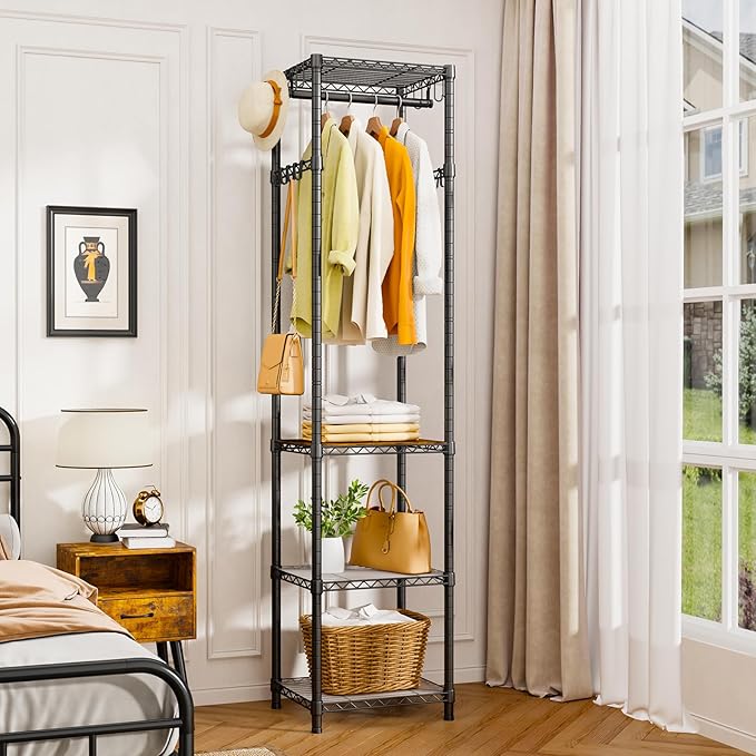 R1 Black & R1 White Coat Rack Freestanding, Hall Tree with 4 Storage Shelves and 16 Hooks, Coat Rack Stand with Shelves, Small Clothes Rack Organizer for Entryway, Hallway, Bedroom, Office