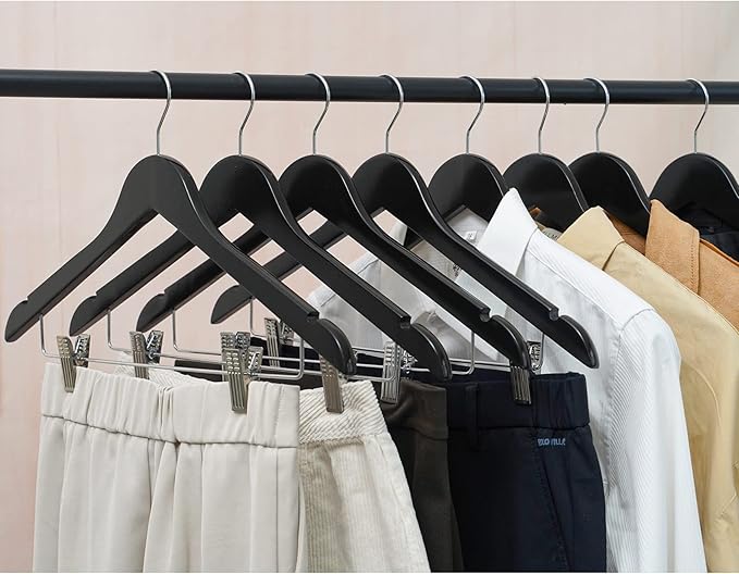 HOUSM Wooden Suit & Skirt Hangers with Heavy-Duty Clips, Premium Solid Wood Pants Hangers, Smooth Finish - Black, 16Pack for Coats, Jeans, Blouses
