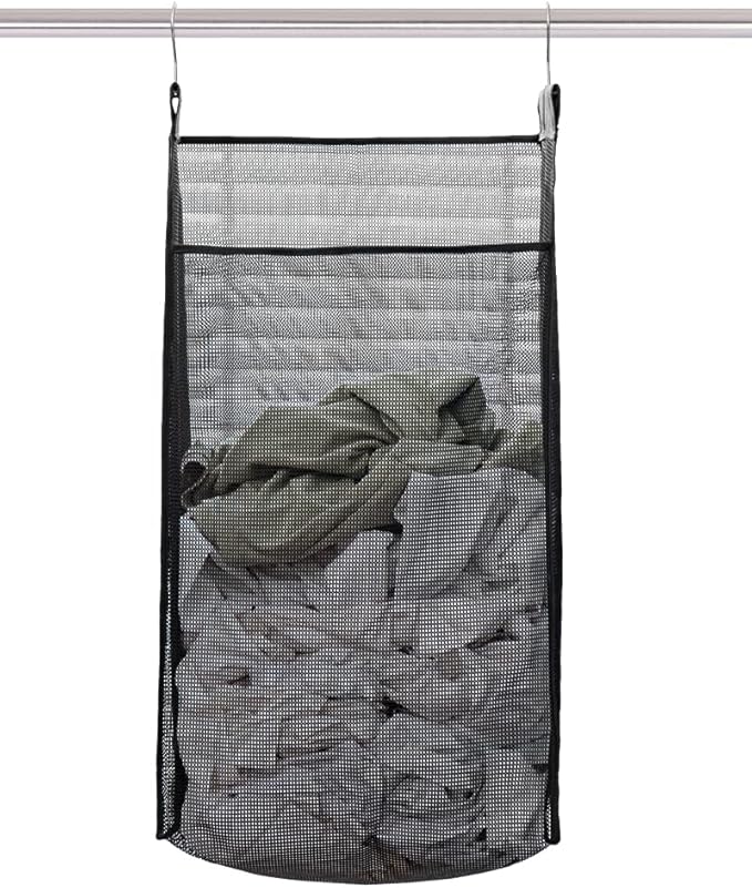 Jelier Hanging Breathable Mesh Laundry Hamper Basket,Portable Heavy Duty Hanging Laundry Bag with Two Hangers (black)