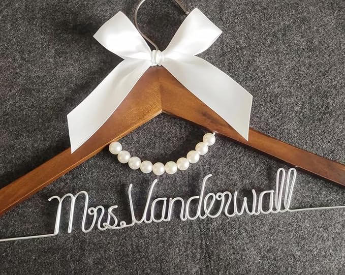 Personalized Wedding Dress Hanger with Pearl Detail, Custom Name Wire Hanger, Wooden Bridal Party Gift