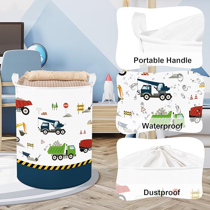 Clastyle Large Construction Truck Kid Laundry Hamper with Handle Boy Bedroom Bathroom Nursery Collapsible Clothes Toy Storage Basket with Lid, Blue Vehicle, 40x50 cm