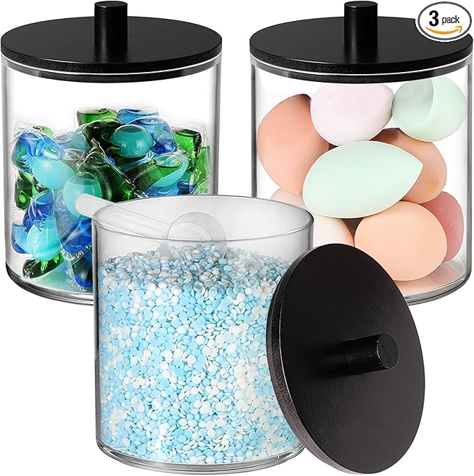 SheeChung 3 Pack 50oz Matte Black Bamboo Lid Apothecary Jar, Modern Laundry Pods Container, Industrial Organization & Storage Jar, Shatterproof Plastic Canister for Scent Beads with Stickers & Spoon