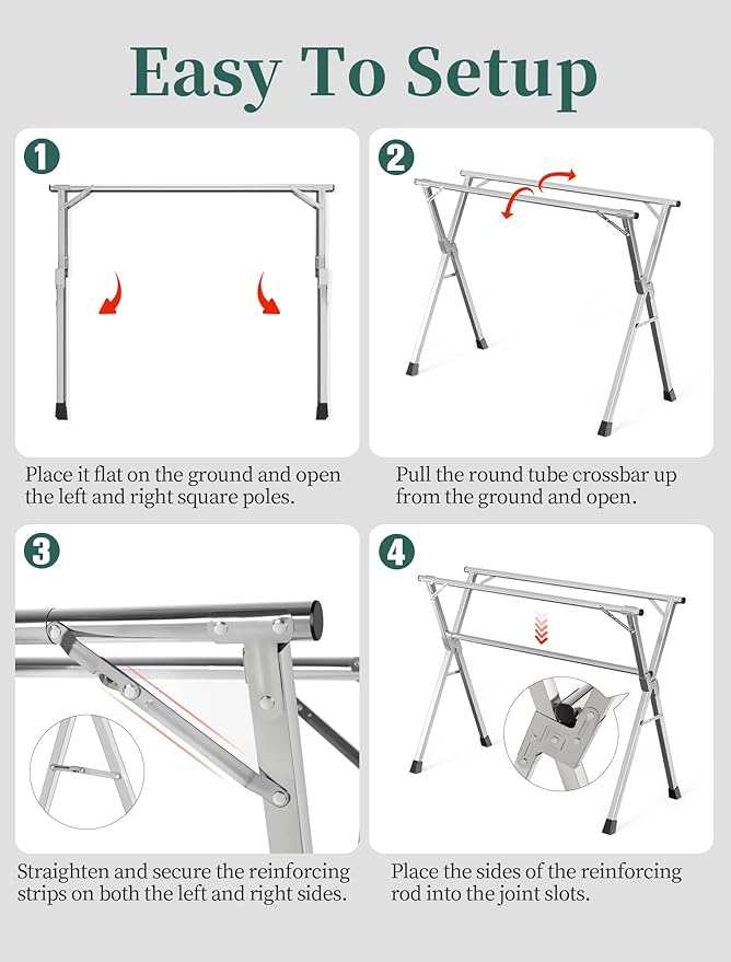 63 Inches Heavy - Duty Stainless Steel Folding Clothes Drying Rack Clothing Indoor Outdoor Anti-Rust 20 Windproof Hooks Portable & Foldable Laundry Rack (63'')