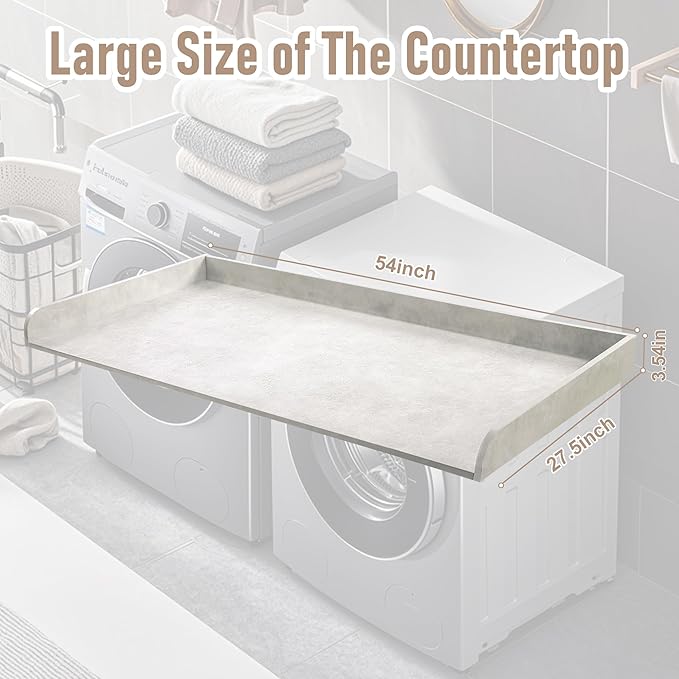 Washer Dryer Countertop with Non-Slip Pad, Wood Washer and Dryer Countertop with Edge Rails for Laundry Room Organization and Storage, 54" L x 27.5" W(Light Grey Marble)