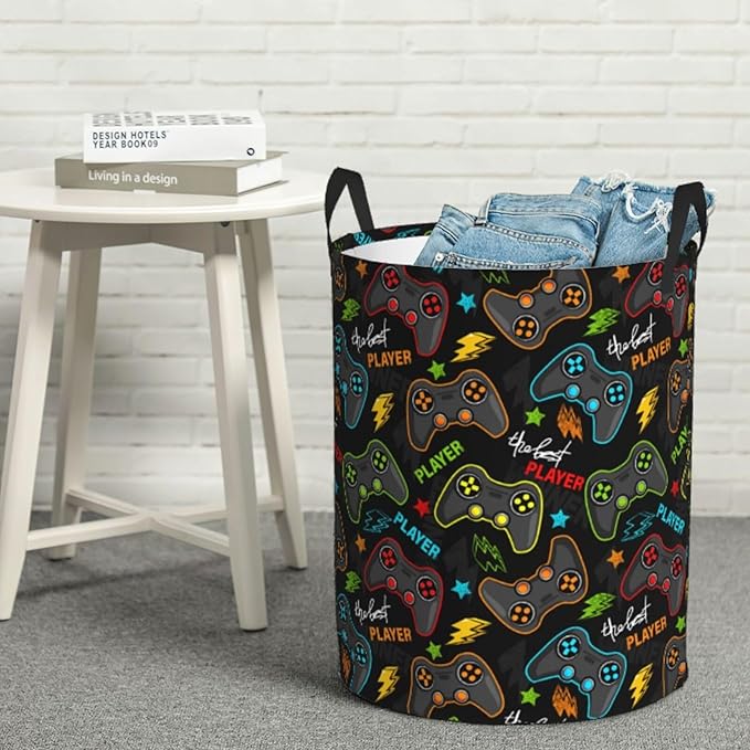 Video Game Controller Round Laundry Hamper Gaming Joysticks Storage Basket Toys Clothes Organizer Bin For Home Bathroom Bedroom Dorm Nursery, 62l
