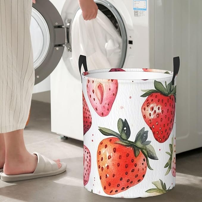Pink Strawberry Print Laundry Basket For Storage Bins Gift Baskets Bedroom Clothes Hamper