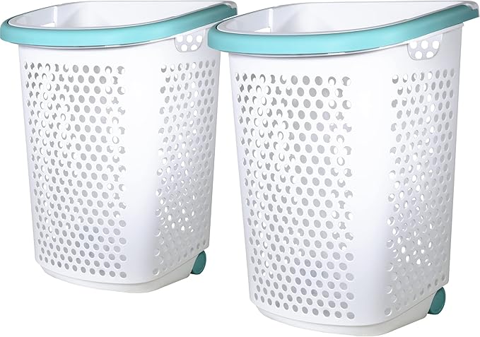 2 Bushel Rolling Plastic Laundry Hamper with Pop-up Handle, White, 2 Pack