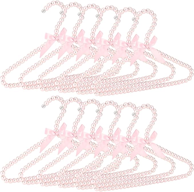 Pink 12 Pcs Pearl Beaded Clothes Hanger Mini Pearl Beads Small Metal Clothes Hangers with Ribbon Standard for Kids Baby Children Pet Dog