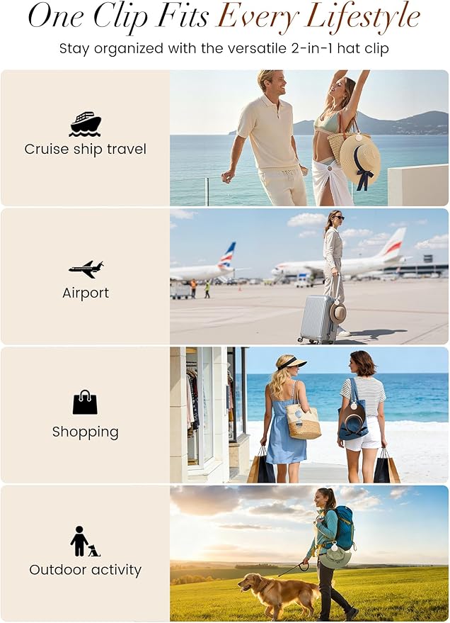 Niveaya Upgraded Magnetic Hat Clip for Hanging Sunglasses, 2-Pack Stylish Hat Clip for Travel Bag Luggage Backpack, Strong Magnet Hat Holder, Hands-Free, Beach Cruise Vacation Essentials, Beige+Beige