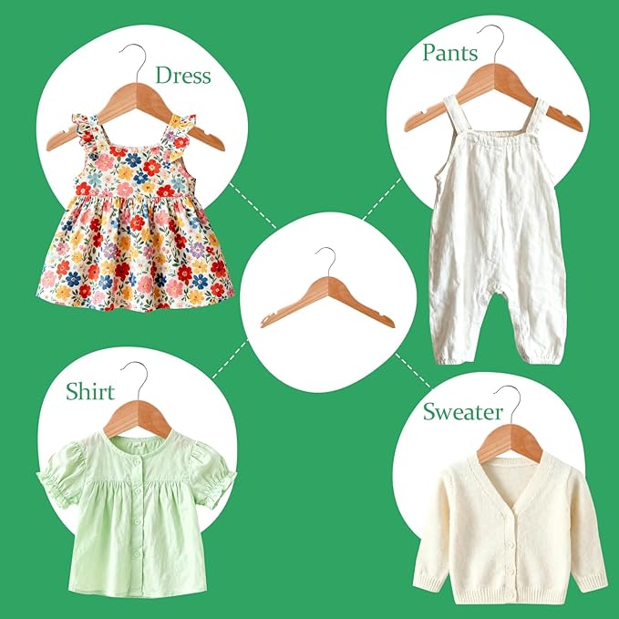 10 Pack Kids Wooden Hangers, Solid Wood Children Hanger with Notches, Baby Clothes Hanger with 360° Swivel Hook, Heavy Duty Toddler Coat Shirt Hanger for Closet, Natural Wood