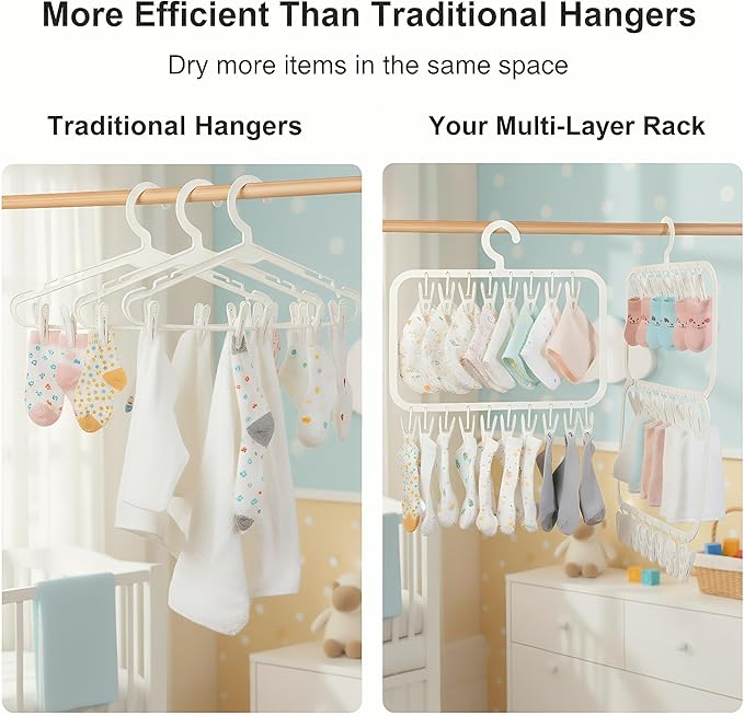 18-Clip Multi-Layer Clothes Drying Rack, BPA-Free ABS Laundry Hanger for Baby Clothes, Socks & Underwear, Heavy Duty Non-Foldable Hanger for Apartment, Nursery & Small Spaces (Off-White)