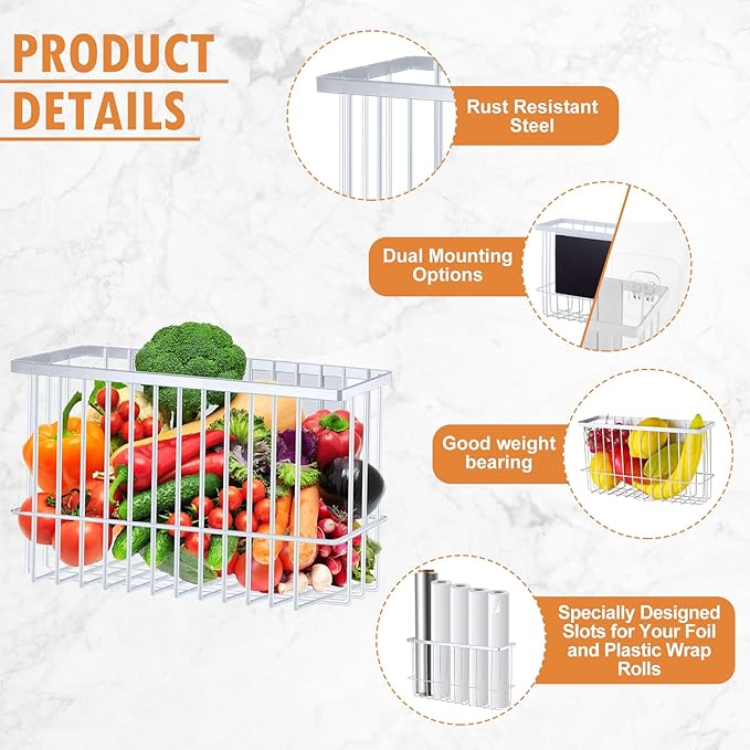 Menkxi 3 Pcs Magnetic or Adhesive Refrigerator Organizer Magnetic Baskets Kitchen Holder for Refrigerator Metal Shelf Rack Storage with 2 Types of Installation(White)