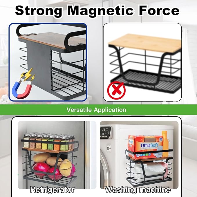 2 Pack Magnetic Trash Bag Holder, Wood Top with Guardrail, Garbage Bags, Potato and Onion Storage Bin, Magnetic&Adhesive Mount Trash Bag Dispenser for Fridge, Washer, Under Sink and RV Storage, Black