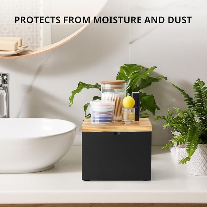Disposable Face Towel Holder, Wooden Box Compatible with Clean Towels XL(NOT Included), Black Container for Cleansing Facial Dry Wipes, Face Towelettes Bathroom Counter Storage