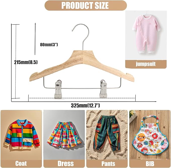 Natural 12.7" Ultra-Thin Wooden Children Closet Clothes Clips Hangers 20PCS Wood Baby Kids Coat Hangers for Infant Toddler Newborn Jumpsuit Pants Skirts Jeans Space Saving Heavy Duty Durable