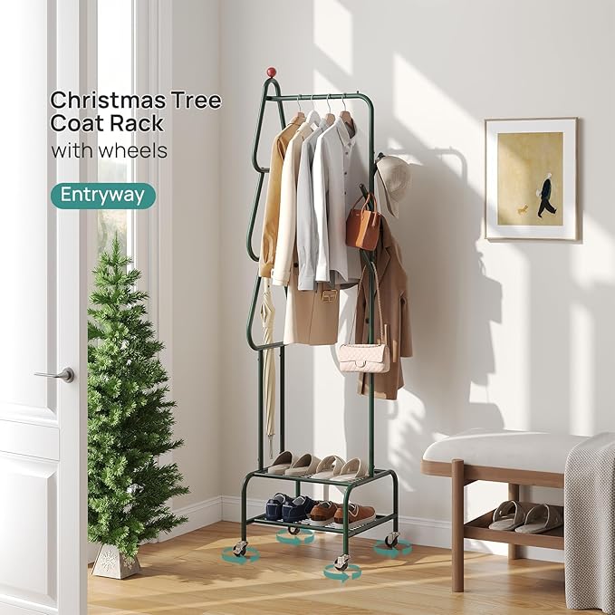 Coat Rack with Wheels, 4 Hooks Rolling Garment Rack, 360° Swivel Wheels with Brake, Heavy Duty Metal Rustproof for Entryway Bedroom