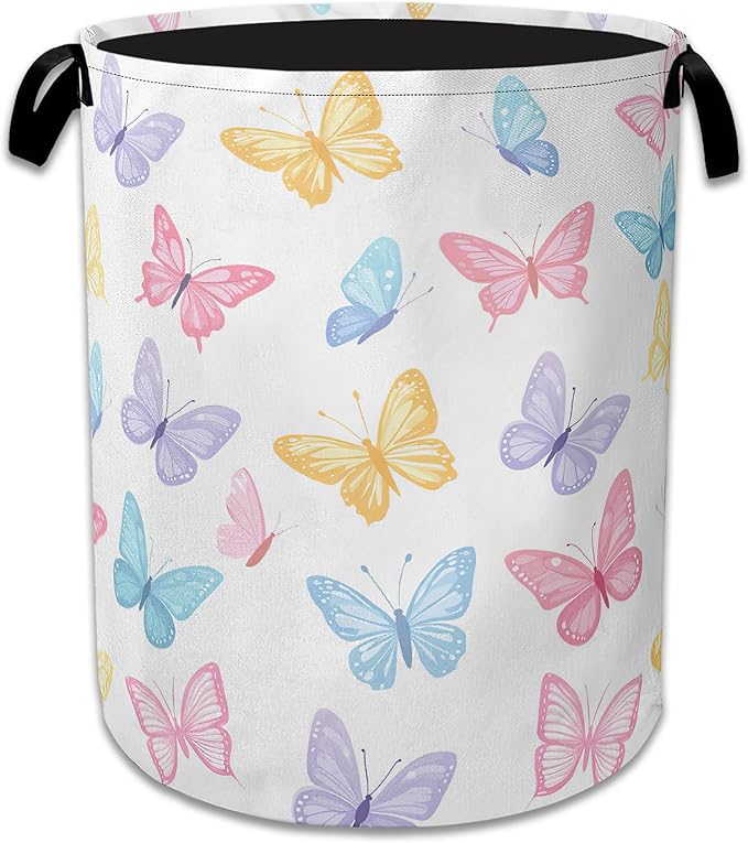 Colorful Butterfly Laundry Basket Collapsible Laundry Hamper Oxford Clothes Toy Storage Bin for Bathroom Bedroom Room Decor 16 X 20.8 Inch