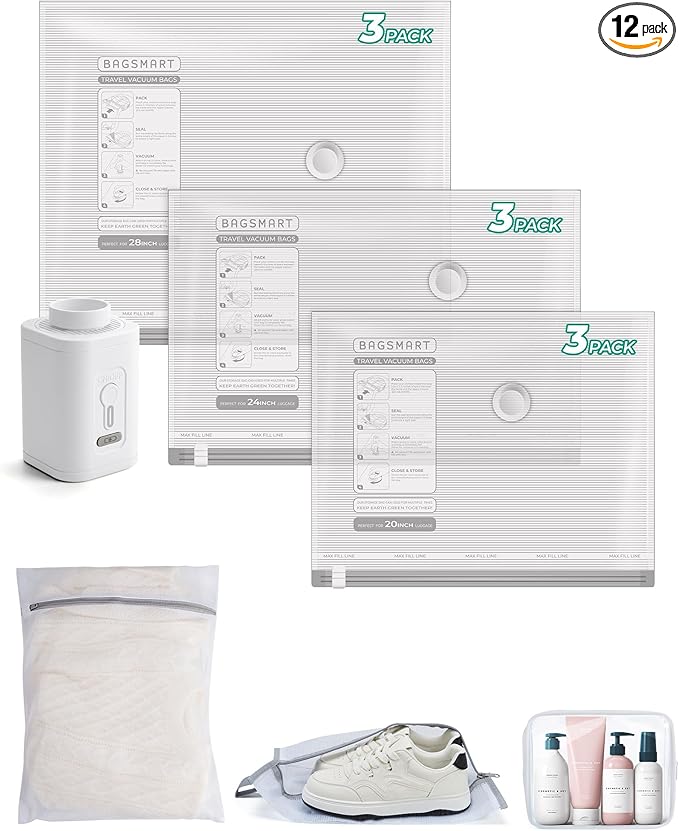 BAGSMART Vacuum Storage Bags for Travel with Rechargeable Air Pump, Portable Space Saver Bags for Travel & Home, Vacuum Compression Seal Bag for Clothing, Blanket, 12 Pack-Gray