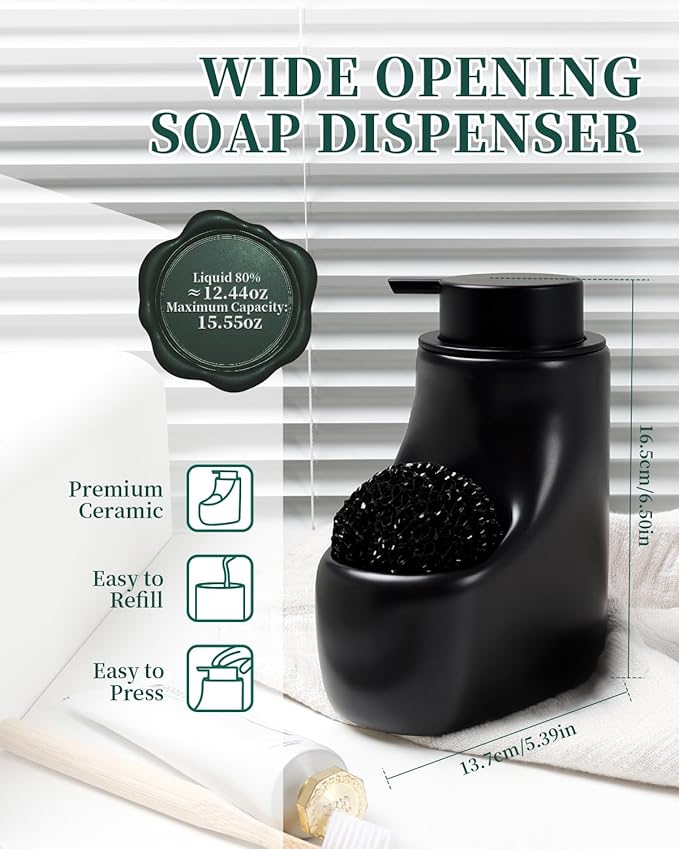 Ceramic Lotion Dispenser - 12 oz Bathroom Hand Pump Dispenser Hand Dish Soap Dispenser Bottles Black Pump Dish Liquid Dispenser for Kitchen… (Ceramic, Black Lotion with Sponge)