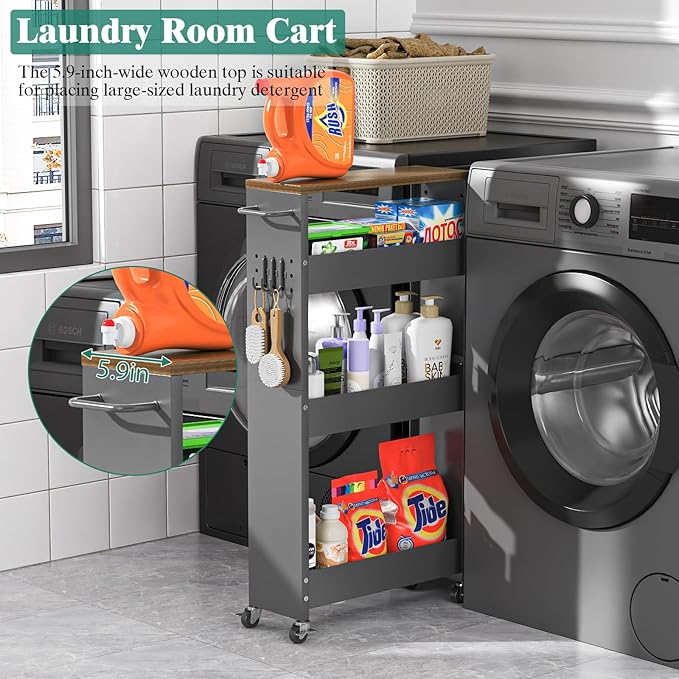Slim Storage Cart, 4-Tier Kitchen Rolling Cart Narrow Storage Cabinet with Handle & Wheels, Metal Rolling Shelf Unit for Kitchen Bathroom Laundry Small Places (5.9IN/ Gary/Brown)